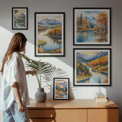 Modernes Wandbilder-Set mit Gebirgsflüssen und Herbstbäumen
