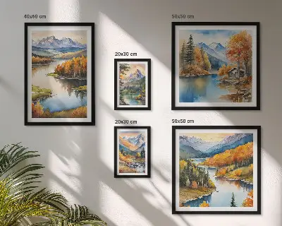 Modernes Wandbilder-Set mit Gebirgsflüssen und Herbstbäumen