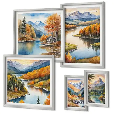 Modernes Wandbilder-Set mit Gebirgsflüssen und Herbstbäumen