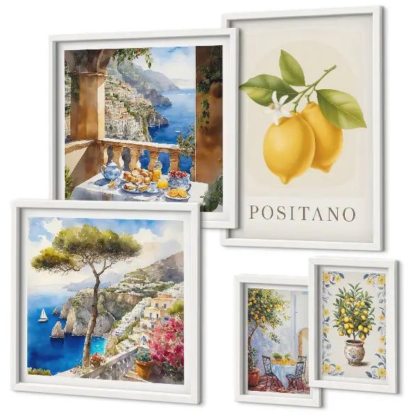 Modernes Wandbilder-Set mit Zitrusakzenten im mediterranen Stil