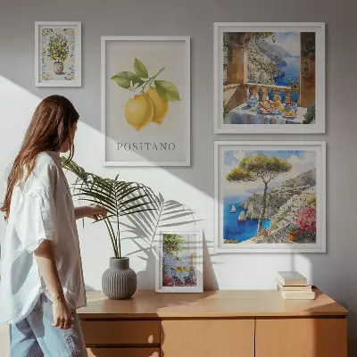 Modernes Wandbilder-Set mit Zitrusakzenten im mediterranen Stil