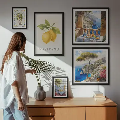 Modernes Wandbilder-Set mit Zitrusakzenten im mediterranen Stil