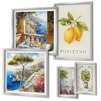 Modernes Wandbilder-Set mit Zitrusakzenten im mediterranen Stil
