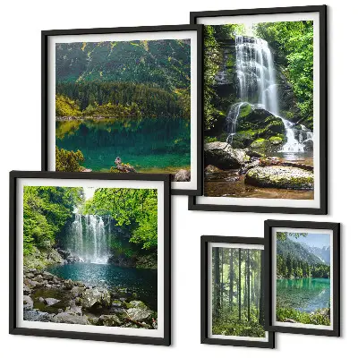 Modernes Wandbild-Set mit Motiven von Wasserfällen, Waldlandschaften und Natur