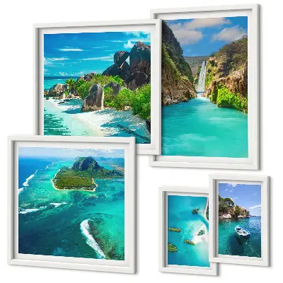 Bildergalerie-Set für die Wand mit Motiven von tropischen Wasserfällen und Stränden