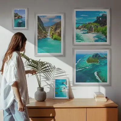 Bildergalerie-Set für die Wand mit Motiven von tropischen Wasserfällen und Stränden