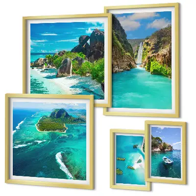 Bildergalerie-Set für die Wand mit Motiven von tropischen Wasserfällen und Stränden