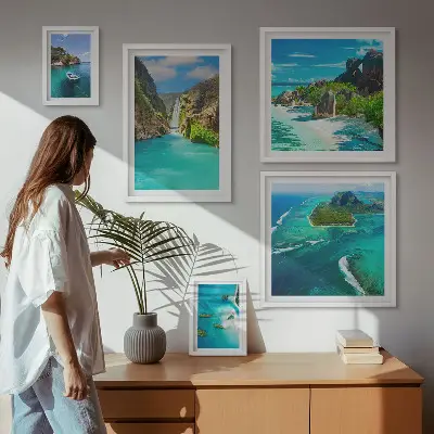 Bildergalerie-Set für die Wand mit Motiven von tropischen Wasserfällen und Stränden