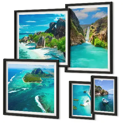 Bildergalerie-Set für die Wand mit Motiven von tropischen Wasserfällen und Stränden