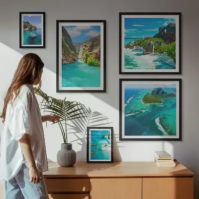 Bildergalerie-Set für die Wand mit Motiven von tropischen Wasserfällen und Stränden