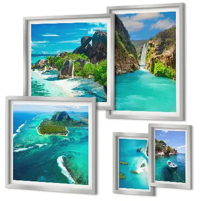 Bildergalerie-Set für die Wand mit Motiven von tropischen Wasserfällen und Stränden
