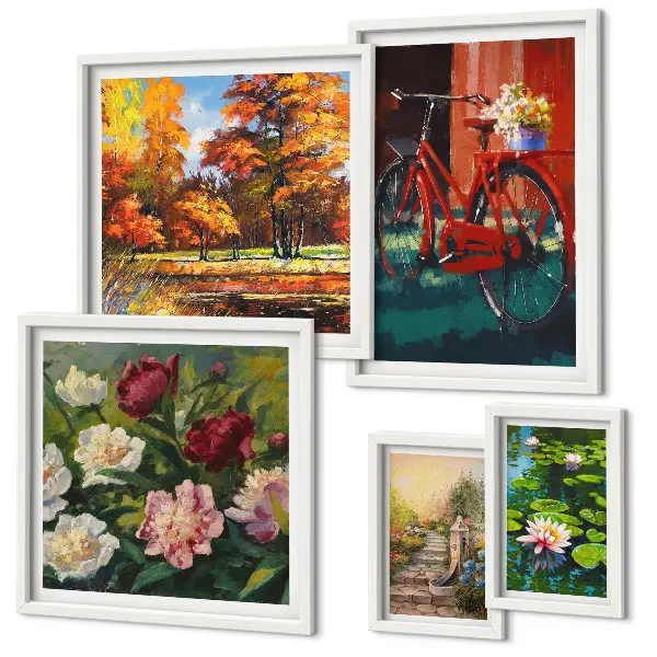 Modernes Wandbilder-Set mit Blumen und Fahrrädern in malerischer Schönheit
