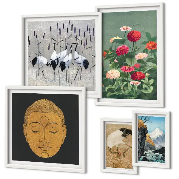 Bildergalerie-Set für die Wand mit asiatischen Landschaften und Blumenmotiven
