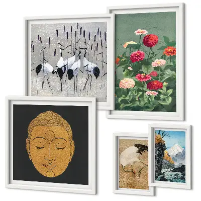 Bildergalerie-Set für die Wand mit asiatischen Landschaften und Blumenmotiven
