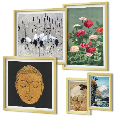 Bildergalerie-Set für die Wand mit asiatischen Landschaften und Blumenmotiven