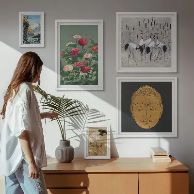 Bildergalerie-Set für die Wand mit asiatischen Landschaften und Blumenmotiven