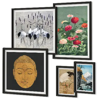 Bildergalerie-Set für die Wand mit asiatischen Landschaften und Blumenmotiven