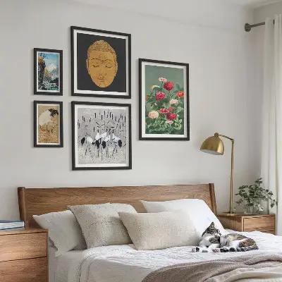 Bildergalerie-Set für die Wand mit asiatischen Landschaften und Blumenmotiven