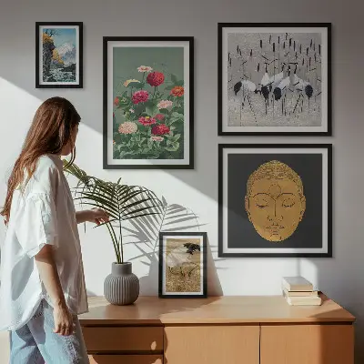 Bildergalerie-Set für die Wand mit asiatischen Landschaften und Blumenmotiven