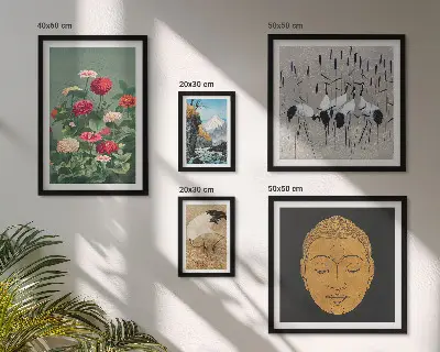 Bildergalerie-Set für die Wand mit asiatischen Landschaften und Blumenmotiven