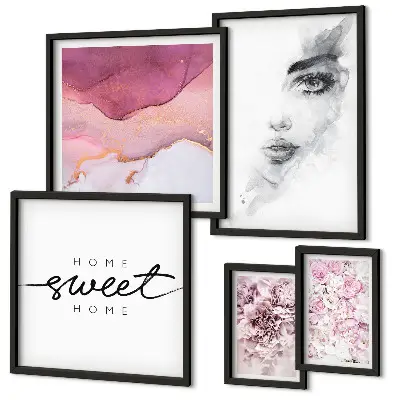 Bildergalerie-Set für die Wand mit Frauenporträts und Blumen in Pastellfarben