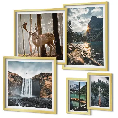 Modernes Wandbild-Set mit Motiven aus Landschaften, Natur, Wasserfällen und Fauna