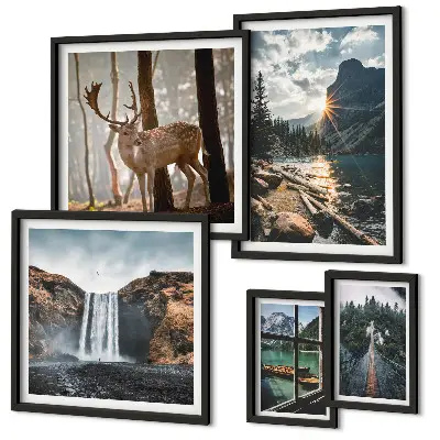 Modernes Wandbild-Set mit Motiven aus Landschaften, Natur, Wasserfällen und Fauna