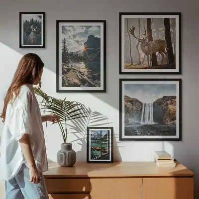 Modernes Wandbild-Set mit Motiven aus Landschaften, Natur, Wasserfällen und Fauna