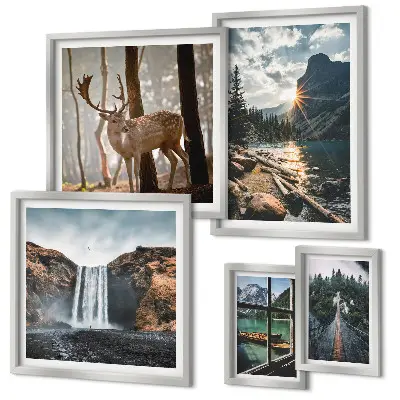 Modernes Wandbild-Set mit Motiven aus Landschaften, Natur, Wasserfällen und Fauna