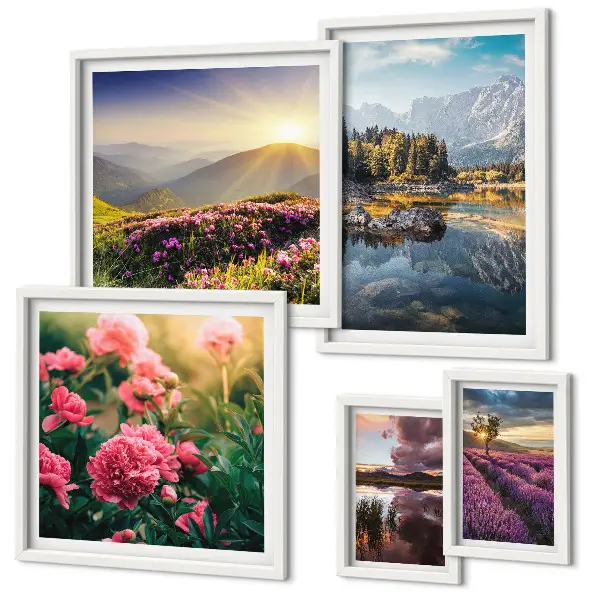 Modernes Wandbilder-Set mit Landschaften von Natur, Blumen und Bergen