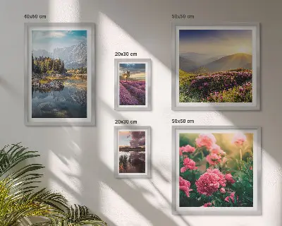 Modernes Wandbilder-Set mit Landschaften von Natur, Blumen und Bergen