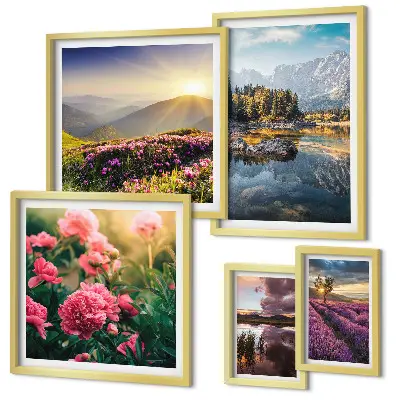 Modernes Wandbilder-Set mit Landschaften von Natur, Blumen und Bergen