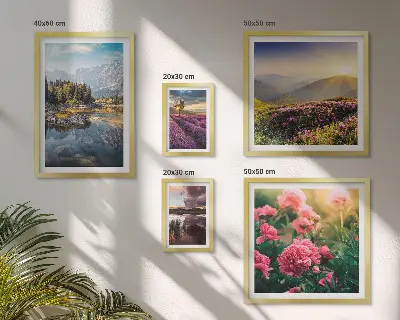 Modernes Wandbilder-Set mit Landschaften von Natur, Blumen und Bergen