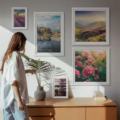 Modernes Wandbilder-Set mit Landschaften von Natur, Blumen und Bergen