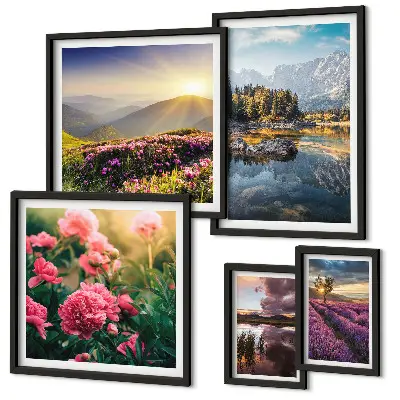 Modernes Wandbilder-Set mit Landschaften von Natur, Blumen und Bergen