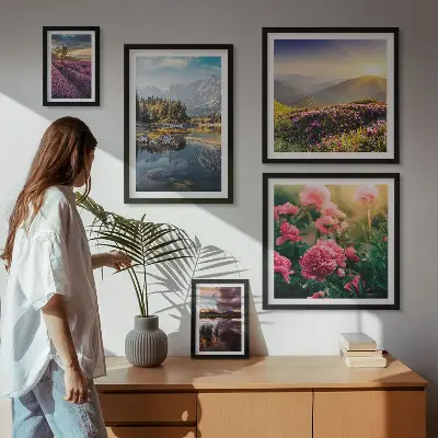 Modernes Wandbilder-Set mit Landschaften von Natur, Blumen und Bergen