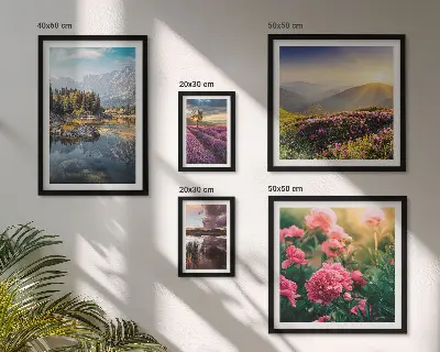 Modernes Wandbilder-Set mit Landschaften von Natur, Blumen und Bergen