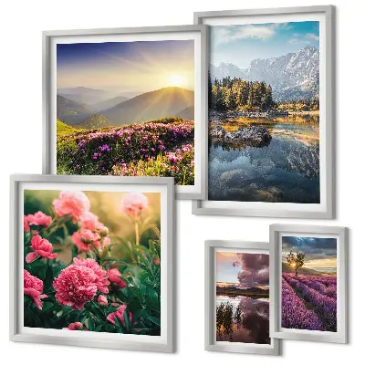 Modernes Wandbilder-Set mit Landschaften von Natur, Blumen und Bergen