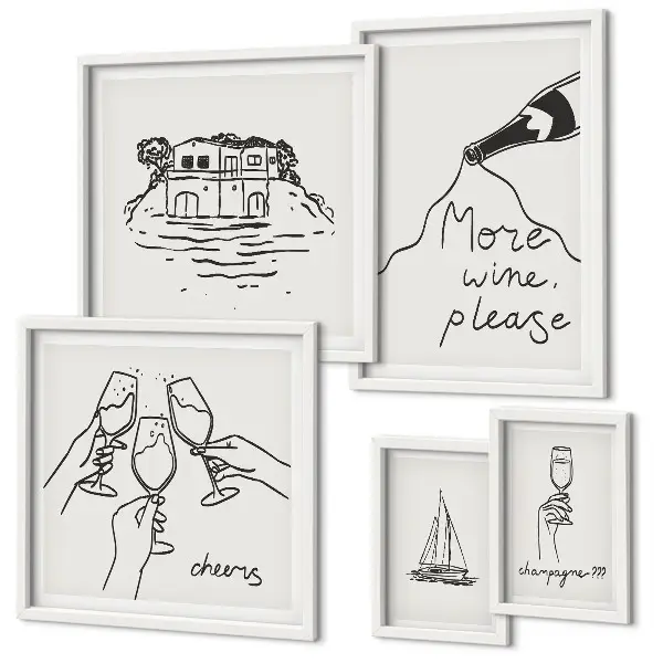 Bildergalerie-Set für die Wand mit stilvollen Illustrationen zum Weintoast