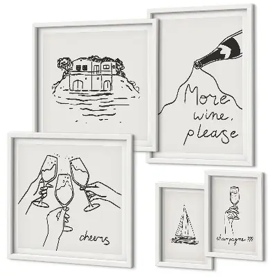 Bildergalerie-Set für die Wand mit stilvollen Illustrationen zum Weintoast