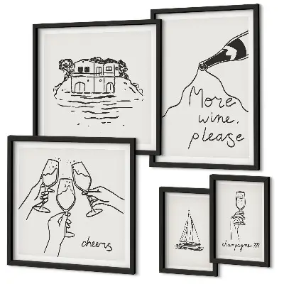 Bildergalerie-Set für die Wand mit stilvollen Illustrationen zum Weintoast
