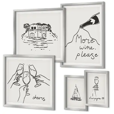 Bildergalerie-Set für die Wand mit stilvollen Illustrationen zum Weintoast