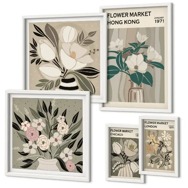 Modernes Wandbilder-Set mit Retro-Vintage Blumenmarkt-Motiv