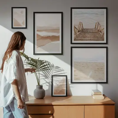 Bilderset für das Sofa mit minimalistischen Strand- und Bergmotiven
