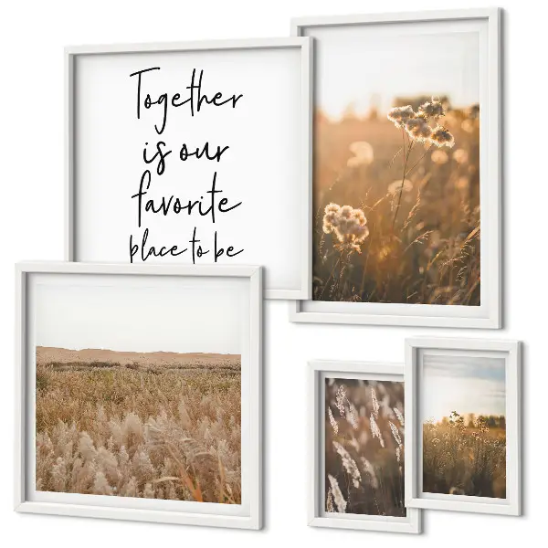 Modernes Wandbilder-Set mit Naturlandschaften, Blumen und Sprüchen