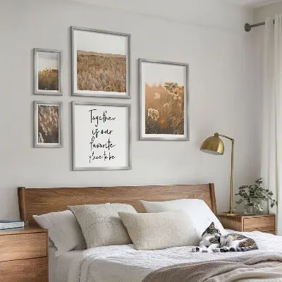 Modernes Wandbilder-Set mit Naturlandschaften, Blumen und Sprüchen