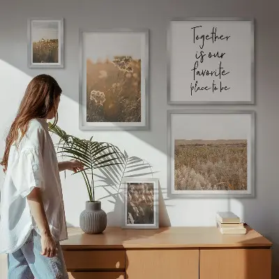 Modernes Wandbilder-Set mit Naturlandschaften, Blumen und Sprüchen