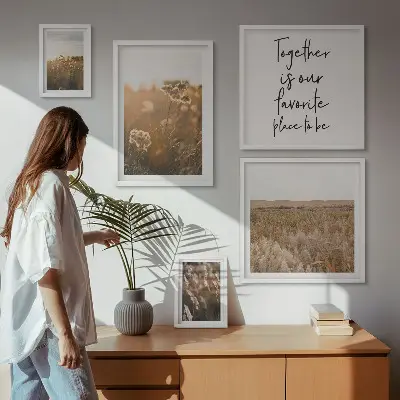 Modernes Wandbilder-Set mit Naturlandschaften, Blumen und Sprüchen