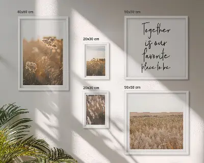 Modernes Wandbilder-Set mit Naturlandschaften, Blumen und Sprüchen