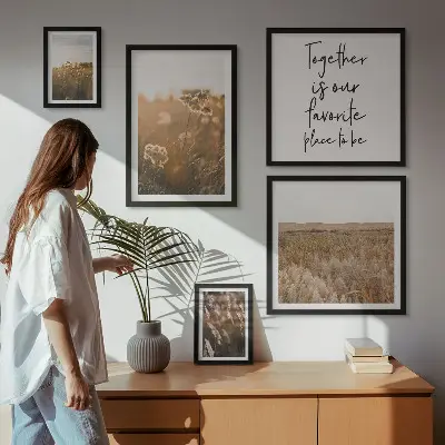 Modernes Wandbilder-Set mit Naturlandschaften, Blumen und Sprüchen